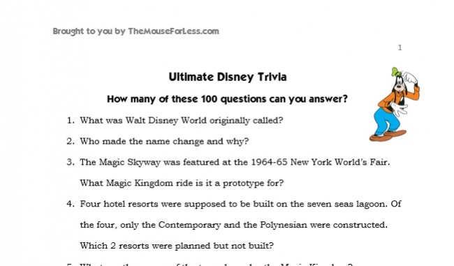 Walt Disney World And Disneyland Disney Trivia Challenge